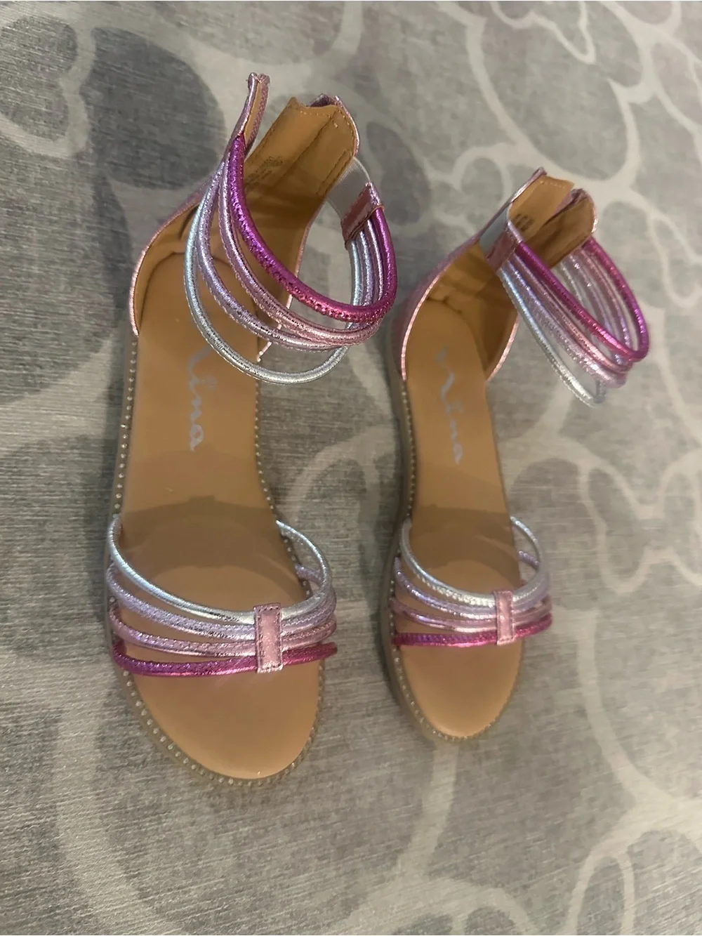 Nina girls Brianna Pink Crinkle Metallic Back Zip Sandals,